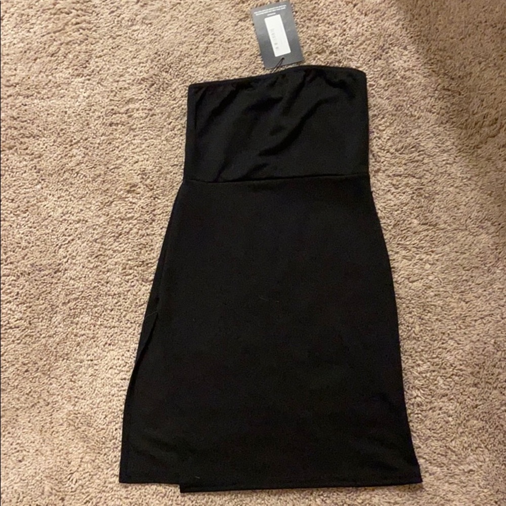 Black Crepe Split Side Bandeau Bodycon Dress